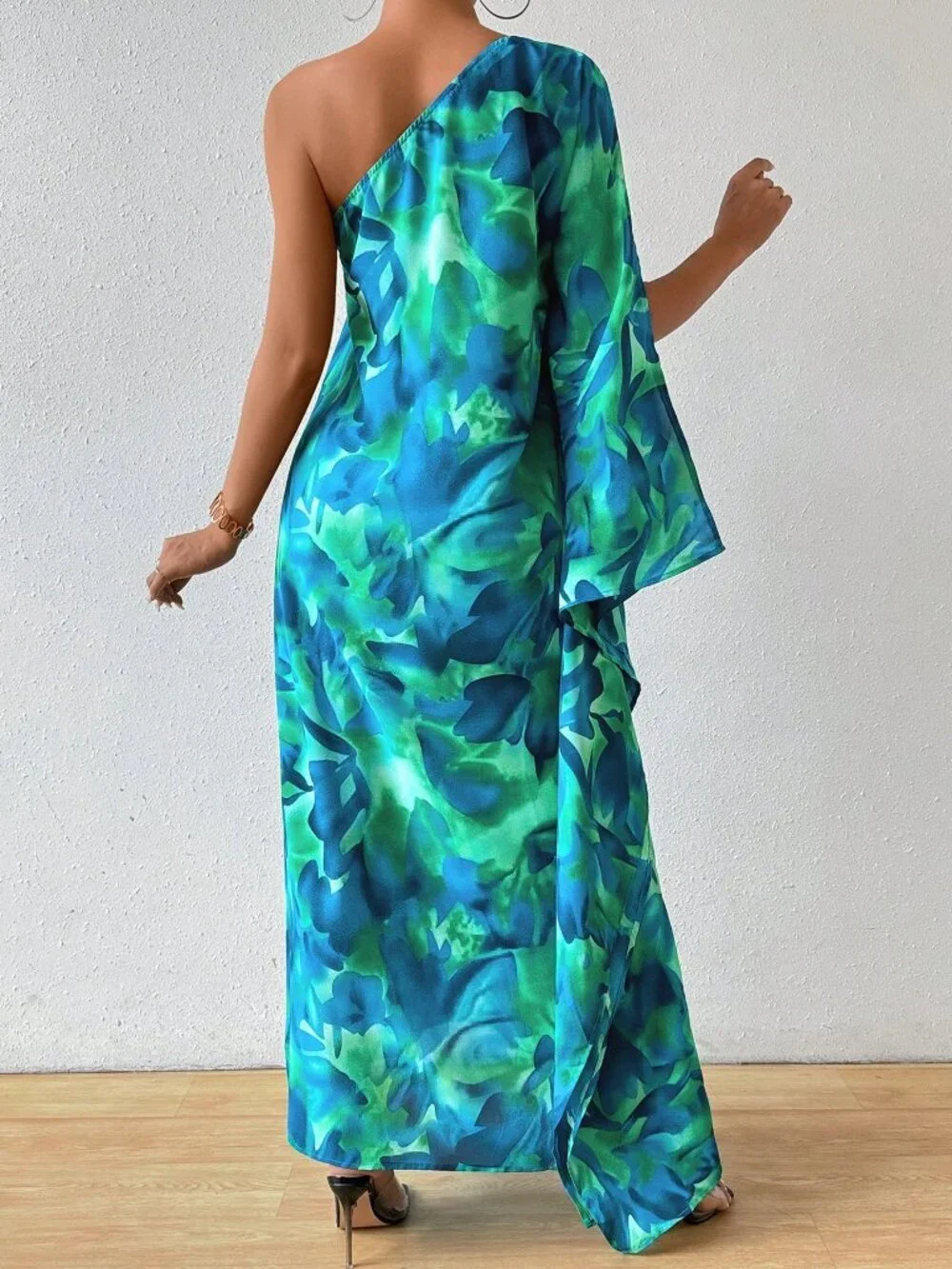 Multicolor Boho Women's Floral Print Asymmetrical Cape Sleeve Long Dress Maxi - Picture 2 of 6